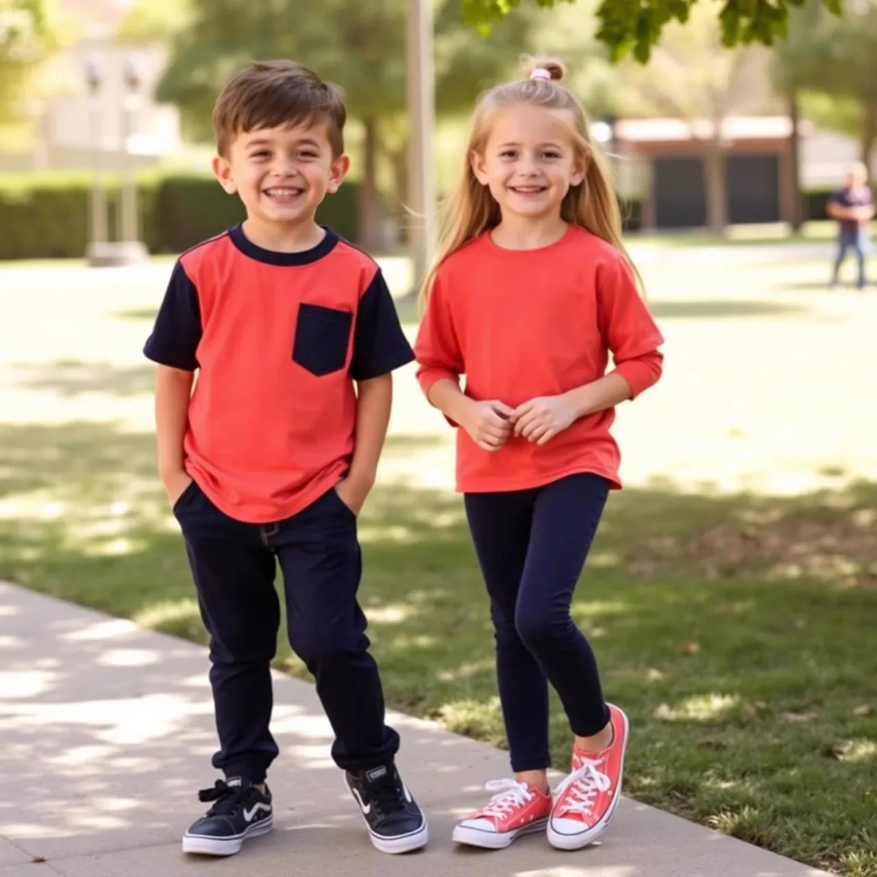 Kids casual streetwear set for boys and girls in a sunny park